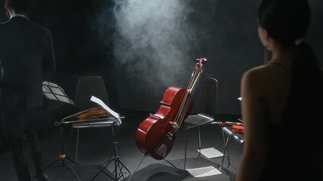 Diverse group of chamber orchestra musicians walking in production studio filled with theatrical fog then picking up string instruments preparing to perform music