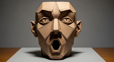 A faceted papercraft sculpture of a human head with a shocked expression, wide eyes, and an open mouth.