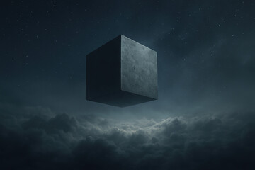 Mysterious Floating Cube Above Clouds in Night Sky – Surreal Sci-Fi Concept Artwork