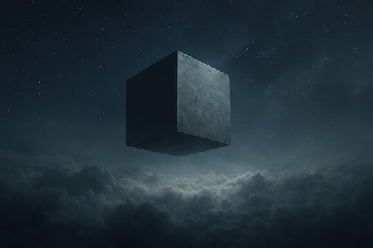 Mysterious Floating Cube Above Clouds in Night Sky &ndash; Surreal Sci-Fi Concept Artwork