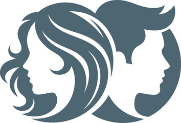Stylized male and female profiles with elegant hair curves, circular composition symbolizing gender balance, unity, psychology, and relationship themes