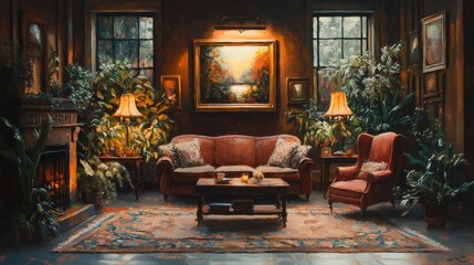 The oil painting captures the serene essence of the room, with soft, glowing light adding depth and a magical quality to the scene." --ar 16:9 --stylize 750 --v 6.1 Job ID: be761169-bf72-4082-b730-9e2