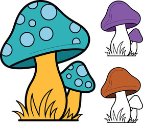 Cartoon mushrooms, colorful caps, vector illustration, turquoise, purple, brown fungi, grass base, fantasy plants, nature design, stylized shapes, decorative elements, forest theme