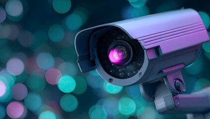 Close-up view of a security camera at night