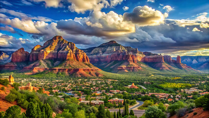 Scenic view of red rock formations with a town nestled in a valley under a cloudy sky at sunset