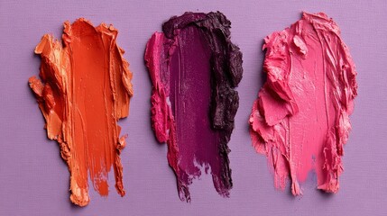 Three lipstick swatches on purple