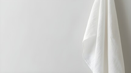 Obraz premium A soft, white or light-colored piece of fabric, possibly a lightly folded towel or a delicate scarf with a subtle sheen, hangs gently on the right side of the frame, its edges slightly rumpled and its