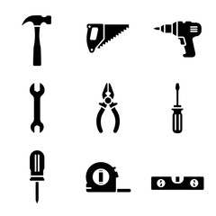 Obraz premium Minimalist Line Art Icons: Hammer, Saw, Drill, Wrench, Pliers, Screwdrivers, Tape Measure, Level. DIY, Repair, Construction.