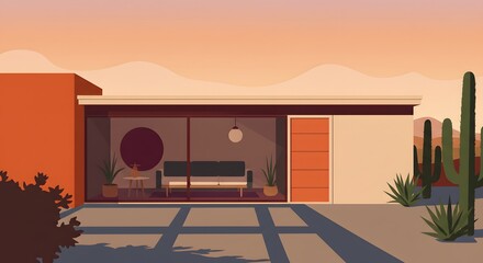 Mid-Century Modern House in Desert Landscape: Architectural and Travel Illustration