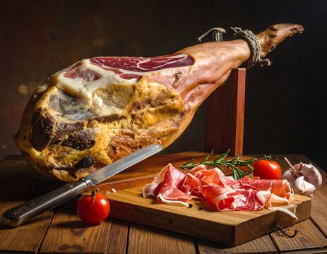 A whole cured ham leg displayed on a wooden stand, sliced pieces arranged on a rustic cutting board, and accompanied by fresh rosemary, garlic, and cherry tomatoes.