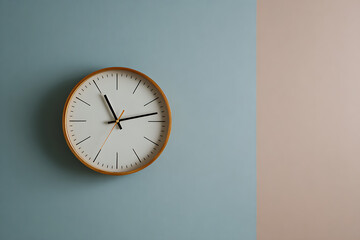 Modern Minimalist Wooden Clock on a Serene, Color-Blocked Dusty Blue and Beige Wall.