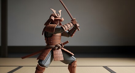 A detailed figurine of a samurai warrior in traditional armor, poised with a katana sword in a classic Japanese dojo setting.