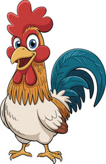 Cartoon rooster illustration, red comb, blue tail feathers, expressive eyes, yellow beak, vector drawing, kids coloring page, farm bird character