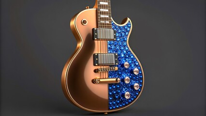 Golden electric guitar decorated with shiny blue crystals
