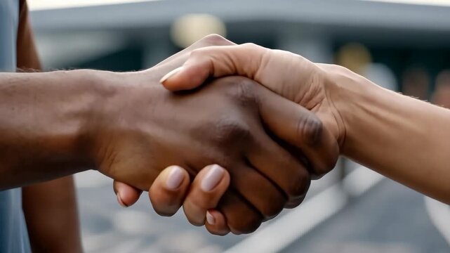 Two people shake hands in a friendly gesture during a sunny day in a busy urban environment on a lively street