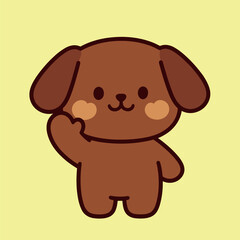 A cute and charming cartoon brown puppy waving a paw, with a happy, friendly expression, illustrated in a playful and simple style, perfect for themes of pets, greetings, and joy.