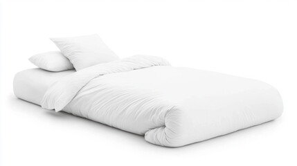 Minimal bed setup with white bedding, soft pillow, fluffy comforter, cozy atmosphere, modern style, clean design, and peaceful mood on white background