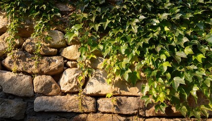 Green Ivy Climbing A Rustic Stone Wall In Natural Sunlight