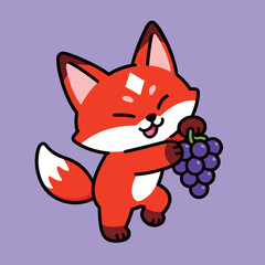 Adorable cartoon fox character with a happy smile, holding a bunch of purple grapes. Hand-drawn vector illustration.