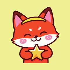 Cute cartoon fox character with a yellow halo, holding a big golden star. Hand-drawn vector illustration.