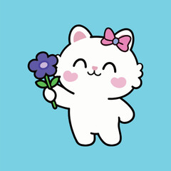 Cute cartoon cat character holding a single purple flower with a big happy smile. Hand-drawn vector illustration.