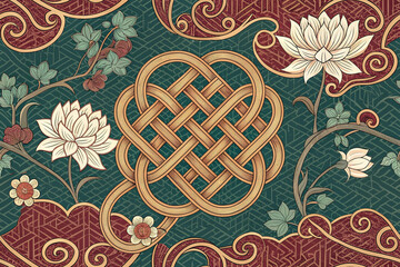 Elegant Art Nouveau seamless pattern with a golden longevity knot and white lotus flowers. A vintage Asian-inspired illustration for luxury wallpaper, fabric, and interior decor.