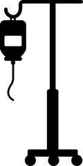 Black silhouette icon of an IV drip stand with fluid bag and wheeled base. Clean flat design for hospital apps, emergency visuals, healthcare infographics, and medical branding.