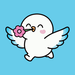Adorable cartoon white bird character with pink cheeks, happily flying and holding a pink flower in its beak. Vector illustration.