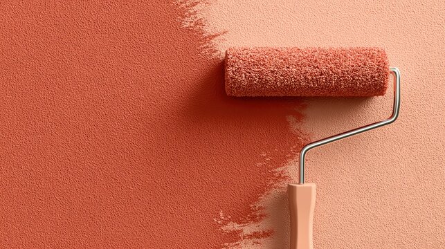 Orange paint roller on textured wall - Powered by Adobe