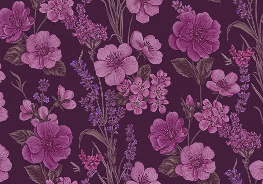 Elegant vintage floral pattern with lavender and pink blossoms on deep purple background