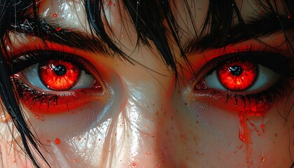 A close-up portrayal of a person's face, featuring striking crimson eyes and streaks of vivid crimson liquid, evoking a sense of intensity and drama.
