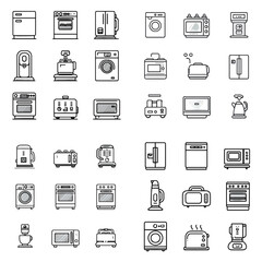outline vector icon set of 9 home appliance designs, thin black lines, no fills, isolated on white