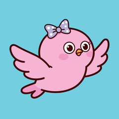 Cute cartoon pink bird character flying happily with a purple polka dot bow on its head. Vector illustration.