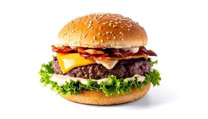 A delicious, savory bacon cheeseburger, presented in high-quality close-up, showcasing the juicy patty, crispy bacon, melted cheese, and fresh lettuce, set against a pure white background.