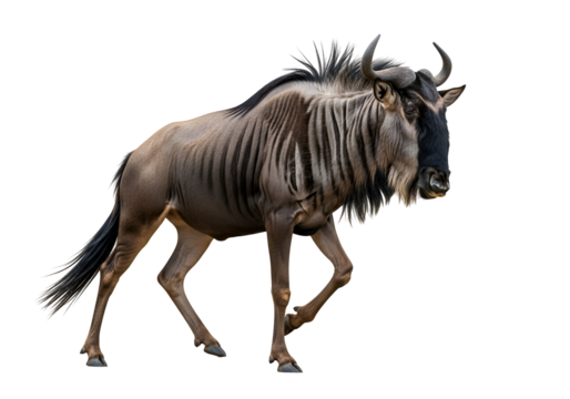 A full shot of a wildebeest in motion against a black background, displaying its striped coat and powerful legs.