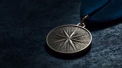 Textured silver medallion featuring a compass rose, attached to a blue ribbon on a dark surface.