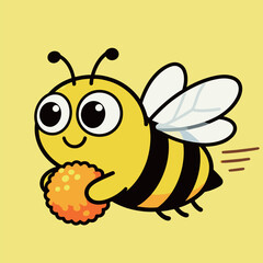 A cute cartoon bumblebee with a happy smile, holding a large orange pollen ball, flying across a vibrant yellow background.