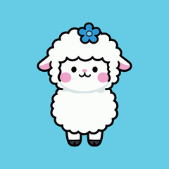 A cute cartoon sheep with a soft, fluffy white coat and a little blue flower on its head, standing on a light blue background.