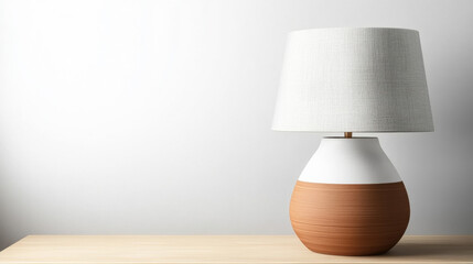 Modern ceramic table lamp with white fabric shade, wooden base, and soft shadows on light wooden surface, creating cozy and minimalist atmosphere in home interior