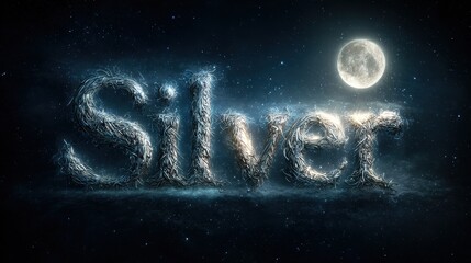 Vibrant photo of the word silver illuminated under a glowing moon and starry night sky