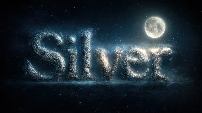 Vibrant photo of the word silver illuminated under a glowing moon and starry night sky