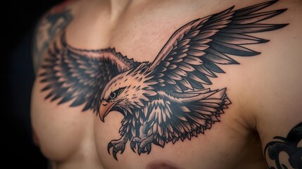Eagle Tattoo on Chest: A striking eagle tattoo adorns a toned chest, its wings spread wide in mid-flight, showcasing intricate details and bold lines in a close-up studio shot.