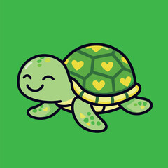 A cute cartoon turtle with a big smile, showing a green shell decorated with yellow hearts, swimming on a green background.