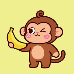 A cute cartoon monkey with a happy wink and a playful smile, holding a big yellow banana on a light yellow background.