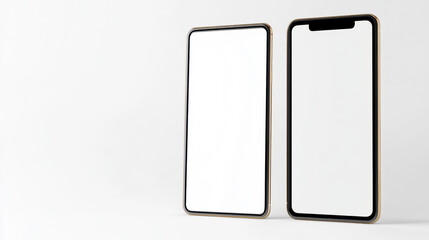 Modern smartphone and tablet with blank white screens, gold frame, minimal design, isolated on white background, suitable for app or website mockup, clean and elegant technology concept