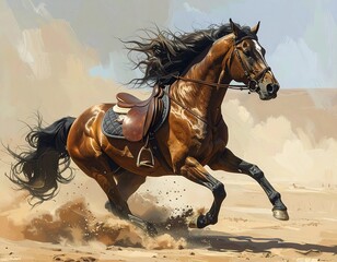 A majestic horse, richly colored and powerfully depicted in a desert landscape, embodies speed and freedom.