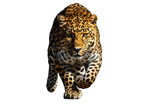 A striking leopard, intensely focused, strides against a stark black backdrop, showcasing its intricate spotted coat and alert gaze.