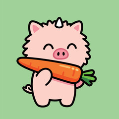 A cute cartoon pink unicorn pig with a happy smile, holding and eating a large orange carrot, on a light green background.