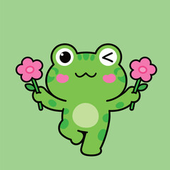 A cute cartoon green frog winking with a happy smile, holding two pink flowers in its hands, on a light green background.
