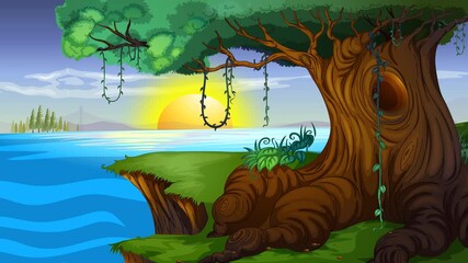 Sunshine morning. forest day to night cartoon 2d background - Powered by Adobe